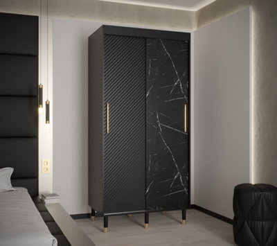 Monaco Contemporary 2 Sliding Door Wardrobe Gold Handles Marble Effect 5 Shelves 2 Rails Black (H)2080mm (W)1000mm (D)620mm