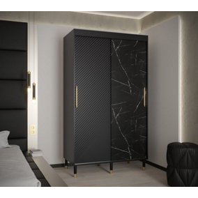 Monaco Contemporary 2 Sliding Door Wardrobe Gold Handles Marble Effect 5 Shelves 2 Rails Black (H)2080mm (W)1200mm (D)620mm