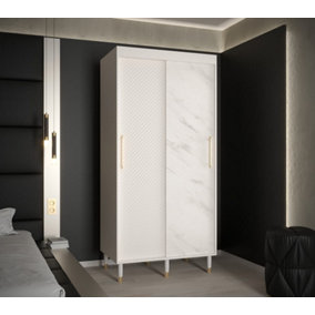 Monaco Contemporary 2 Sliding Door Wardrobe Gold Handles Marble Effect 5 Shelves 2 Rails White (H)2080mm (W)1000mm (D)620mm