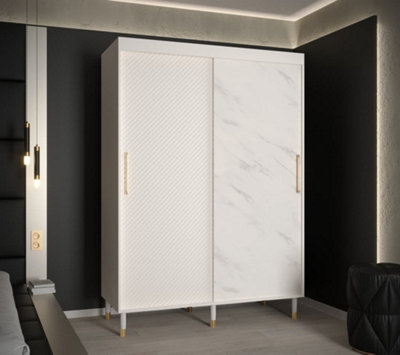 Monaco Contemporary 2 Sliding Door Wardrobe Gold Handles Marble Effect 5 Shelves 2 Rails White (H)2080mm (W)1500mm (D)620mm