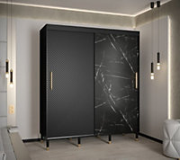 Monaco Contemporary 2 Sliding Door Wardrobe Gold Handles Marble Effect 9 Shelves 2 Rails Black (H)2080mm (W)1800mm (D)620mm