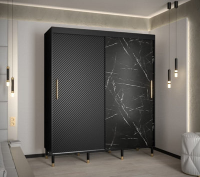 Monaco Contemporary 2 Sliding Door Wardrobe Gold Handles Marble Effect 9 Shelves 2 Rails Black (H)2080mm (W)1800mm (D)620mm
