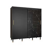 Monaco Contemporary 2 Sliding Door Wardrobe Gold Handles Marble Effect 9 Shelves 2 Rails Black (H)2080mm (W)2000mm (D)620mm