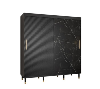 Monaco Contemporary 2 Sliding Door Wardrobe Gold Handles Marble Effect 9 Shelves 2 Rails Black (H)2080mm (W)2000mm (D)620mm