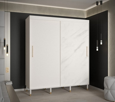 Monaco Contemporary 2 Sliding Door Wardrobe Gold Handles Marble Effect 9 Shelves 2 Rails White (H)2080mm (W)1800mm (D)620mm