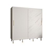 Monaco Contemporary 2 Sliding Door Wardrobe Gold Handles Marble Effect 9 Shelves 2 Rails White (H)2080mm (W)2000mm (D)620mm
