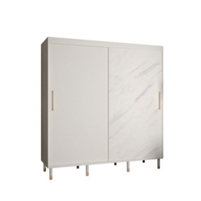 Monaco Contemporary 2 Sliding Door Wardrobe Gold Handles Marble Effect 9 Shelves 2 Rails White (H)2080mm (W)2000mm (D)620mm