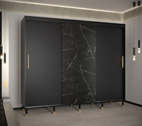 Monaco Contemporary 3 Sliding Door Wardrobe Gold Handles Marble Effect 9 Shelves 2 Rails Black (H)2080mm (W)2500mm (D)620mm