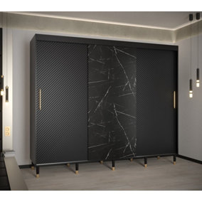 Monaco Contemporary 3 Sliding Door Wardrobe Gold Handles Marble Effect 9 Shelves 2 Rails Black (H)2080mm (W)2500mm (D)620mm