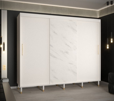 Monaco Contemporary 3 Sliding Door Wardrobe Gold Handles Marble Effect 9 Shelves 2 Rails White (H)2080mm (W)2500mm (D)620mm