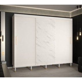 Monaco Contemporary 3 Sliding Door Wardrobe Gold Handles Marble Effect 9 Shelves 2 Rails White (H)2080mm (W)2500mm (D)620mm