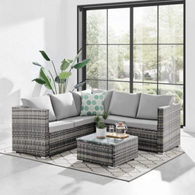 Monaco Grey 5 Seater Rattan Garden Furniture Sofa Set with Light Grey Cushions & Coffee Table. FREE RAIN COVER