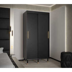 Monaco I Contemporary 2 Sliding Door Wardrobe Gold Handles Wooden Legs 5 Shelves 2 Rails Black (H)2080mm (W)1000mm (D)620mm