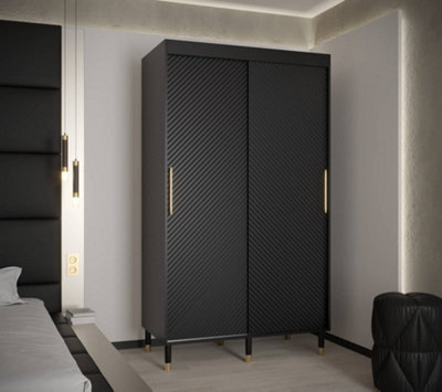 Monaco I Contemporary 2 Sliding Door Wardrobe Gold Handles Wooden Legs 5 Shelves 2 Rails Black (H)2080mm (W)1200mm (D)620mm