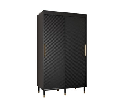 Monaco I Contemporary 2 Sliding Door Wardrobe Gold Handles Wooden Legs 5 Shelves 2 Rails Black (H)2080mm (W)1200mm (D)620mm