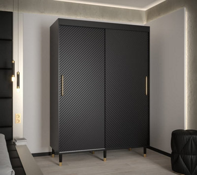 Monaco I Contemporary 2 Sliding Door Wardrobe Gold Handles Wooden Legs 5 Shelves 2 Rails Black (H)2080mm (W)1500mm (D)620mm