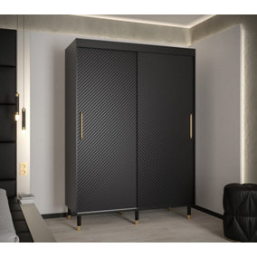 Monaco I Contemporary 2 Sliding Door Wardrobe Gold Handles Wooden Legs 5 Shelves 2 Rails Black (H)2080mm (W)1500mm (D)620mm