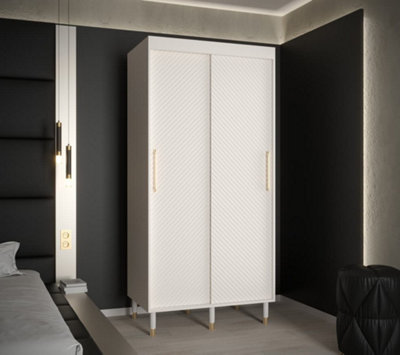 Monaco I Contemporary 2 Sliding Door Wardrobe Gold Handles Wooden Legs 5 Shelves 2 Rails White (H)2080mm (W)1000mm (D)620mm