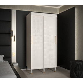 Monaco I Contemporary 2 Sliding Door Wardrobe Gold Handles Wooden Legs 5 Shelves 2 Rails White (H)2080mm (W)1000mm (D)620mm
