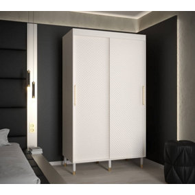 Monaco I Contemporary 2 Sliding Door Wardrobe Gold Handles Wooden Legs 5 Shelves 2 Rails White (H)2080mm (W)1200mm (D)620mm