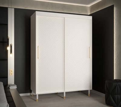 Monaco I Contemporary 2 Sliding Door Wardrobe Gold Handles Wooden Legs 5 Shelves 2 Rails White (H)2080mm (W)1500mm (D)620mm