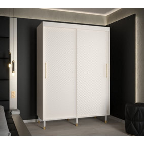 Monaco I Contemporary 2 Sliding Door Wardrobe Gold Handles Wooden Legs 5 Shelves 2 Rails White (H)2080mm (W)1500mm (D)620mm