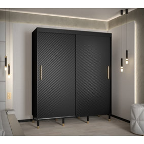 Monaco I Contemporary 2 Sliding Door Wardrobe Gold Handles Wooden Legs 9 Shelves 2 Rails Black (H)2080mm (W)1800mm (D)620mm