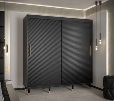 Monaco I Contemporary 2 Sliding Door Wardrobe Gold Handles Wooden Legs 9 Shelves 2 Rails Black (H)2080mm (W)2000mm (D)620mm