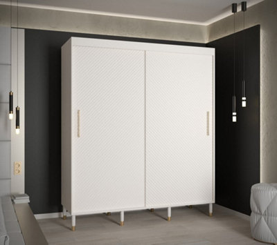 Monaco I Contemporary 2 Sliding Door Wardrobe Gold Handles Wooden Legs 9 Shelves 2 Rails White (H)2080mm (W)1800mm (D)620mm