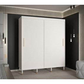 Monaco I Contemporary 2 Sliding Door Wardrobe Gold Handles Wooden Legs 9 Shelves 2 Rails White (H)2080mm (W)1800mm (D)620mm