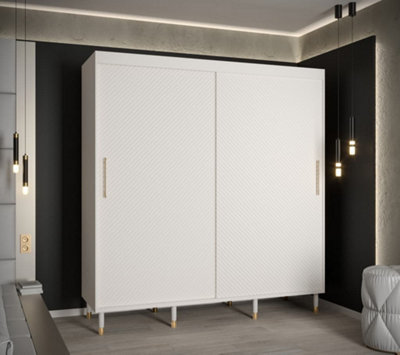 Monaco I Contemporary 2 Sliding Door Wardrobe Gold Handles Wooden Legs 9 Shelves 2 Rails White (H)2080mm (W)2000mm (D)620mm