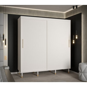 Monaco I Contemporary 2 Sliding Door Wardrobe Gold Handles Wooden Legs 9 Shelves 2 Rails White (H)2080mm (W)2000mm (D)620mm