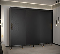 Monaco I Contemporary 3 Sliding Door Wardrobe Gold Handles Wooden Legs 9 Shelves 2 Rails Black (H)2080mm (W)2500mm (D)620mm