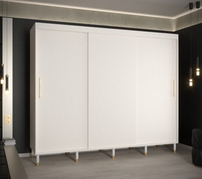 Monaco I Contemporary 3 Sliding Door Wardrobe Gold Handles Wooden Legs 9 Shelves 2 Rails White (H)2080mm (W)2500mm (D)620mm