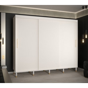 Monaco I Contemporary 3 Sliding Door Wardrobe Gold Handles Wooden Legs 9 Shelves 2 Rails White (H)2080mm (W)2500mm (D)620mm