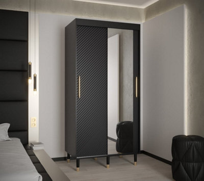 Monaco II Contemporary Mirrored 2 Sliding Door Wardrobe Gold Handles 5 Shelves 2 Rails Black (H)2080mm (W)1000mm (D)620mm