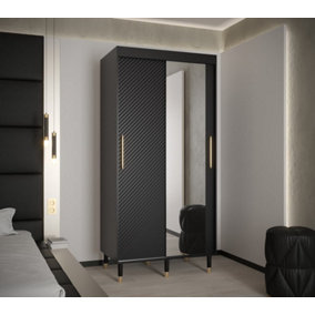 Monaco II Contemporary Mirrored 2 Sliding Door Wardrobe Gold Handles 5 Shelves 2 Rails Black (H)2080mm (W)1000mm (D)620mm