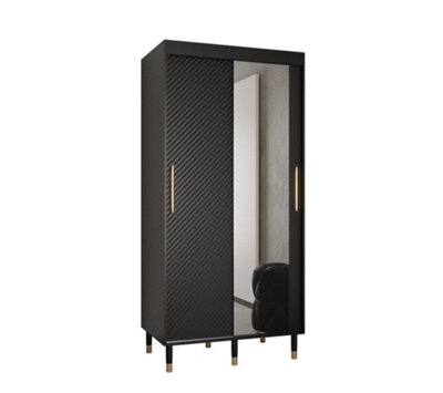 Monaco II Contemporary Mirrored 2 Sliding Door Wardrobe Gold Handles 5 Shelves 2 Rails Black (H)2080mm (W)1000mm (D)620mm