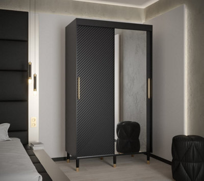 Monaco II Contemporary Mirrored 2 Sliding Door Wardrobe Gold Handles 5 Shelves 2 Rails Black (H)2080mm (W)1200mm (D)620mm