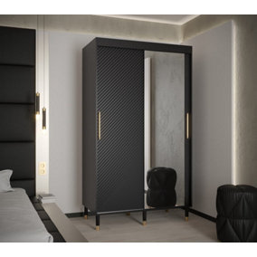 Monaco II Contemporary Mirrored 2 Sliding Door Wardrobe Gold Handles 5 Shelves 2 Rails Black (H)2080mm (W)1200mm (D)620mm