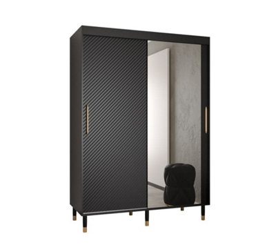 Monaco II Contemporary Mirrored 2 Sliding Door Wardrobe Gold Handles 5 Shelves 2 Rails Black (H)2080mm (W)1500mm (D)620mm