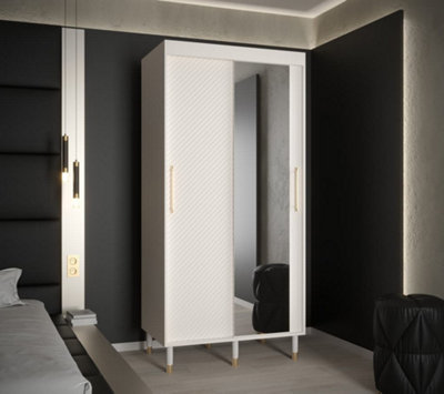 Monaco II Contemporary Mirrored 2 Sliding Door Wardrobe Gold Handles 5 Shelves 2 Rails White (H)2080mm (W)1000mm (D)620mm