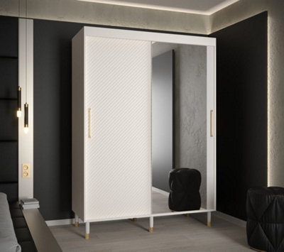 Monaco II Contemporary Mirrored 2 Sliding Door Wardrobe Gold Handles 5 Shelves 2 Rails White (H)2080mm (W)1500mm (D)620mm