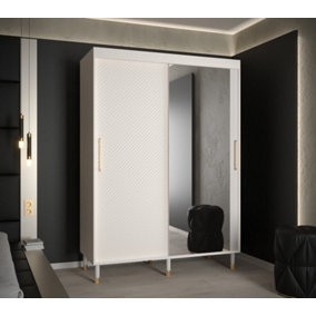 Monaco II Contemporary Mirrored 2 Sliding Door Wardrobe Gold Handles 5 Shelves 2 Rails White (H)2080mm (W)1500mm (D)620mm