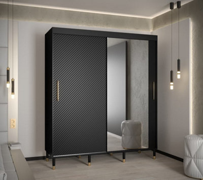 Monaco II Contemporary Mirrored 2 Sliding Door Wardrobe Gold Handles 9 Shelves 2 Rails Black (H)2080mm (W)1800mm (D)620mm