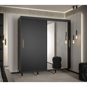 Monaco II Contemporary Mirrored 2 Sliding Door Wardrobe Gold Handles 9 Shelves 2 Rails Black (H)2080mm (W)2000mm (D)620mm