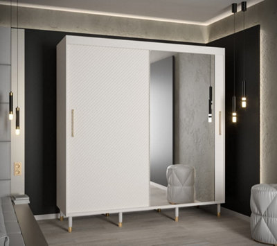 Monaco II Contemporary Mirrored 2 Sliding Door Wardrobe Gold Handles 9 Shelves 2 Rails White (H)2080mm (W)2000mm (D)620mm