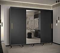 Monaco II Contemporary Mirrored 3 Sliding Door Wardrobe Gold Handles 9 Shelves 2 Rails Black (H)2080mm (W)2500mm (D)620mm