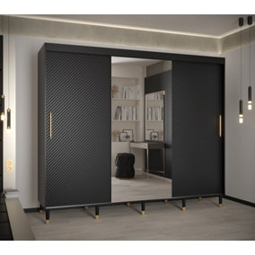 Monaco II Contemporary Mirrored 3 Sliding Door Wardrobe Gold Handles 9 Shelves 2 Rails Black (H)2080mm (W)2500mm (D)620mm