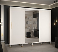 Monaco II Contemporary Mirrored 3 Sliding Door Wardrobe Gold Handles 9 Shelves 2 Rails White (H)2080mm (W)2500mm (D)620mm